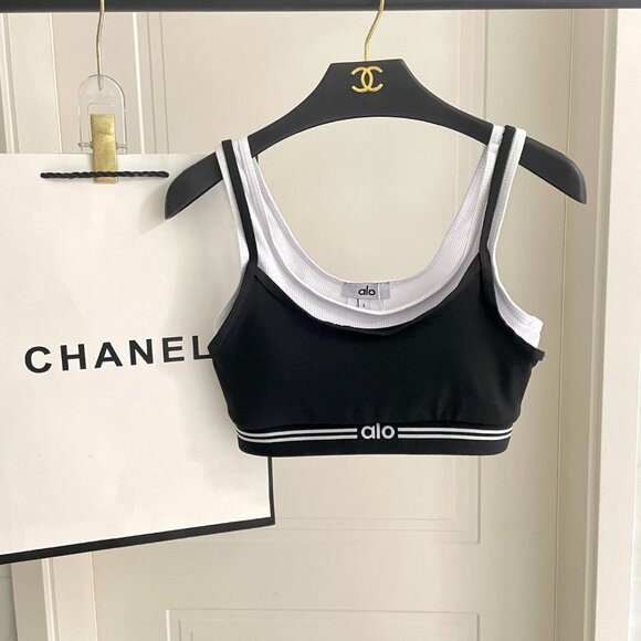 ALO Yoga Black & White Ribbed Sports Bra and Skirt Set - Picture 2 of 6